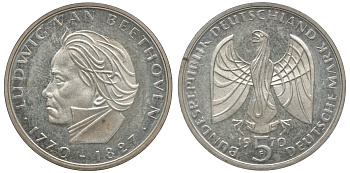 ФРГ 5 марок 1970 F, Людвиг ван Бетховен, в запайке KM 127, J.408 серебро PROOF 2-4-2-45