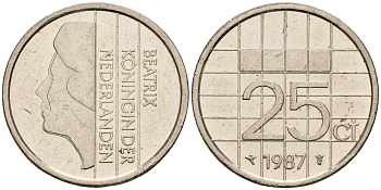 Нидерланды 25 центов 1987 Беатрикс (1980-2013) KM 204 никель    4598-438