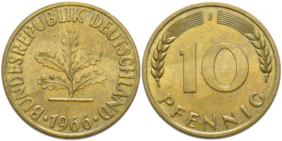 ФРГ 10 ПФЕННИГОВ 1966 J KM 108, J. 383 сталь плакированная латунью 3856-224