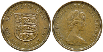 Джерси 1 новый пенни 1971 Елизавета II (1952-2022), герб KM 30 бронза 4395-312
