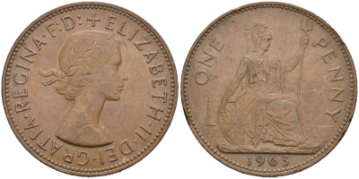 Великобритания 1 пенни 1963 Елизавета II (1952-2022) KM 897, Spink 4157 бронза 4572-946