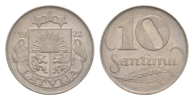 Латвия 10 сантимов 1922 год-тип KM 4 никель 4658-1225