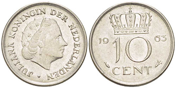 НИДЕРЛАНДЫ 10 ЦЕНТОВ 1963 ЮЛИАНА (1948-1980) KM 182 никель 214-1164