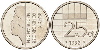 Нидерланды 25 центов 1992 Беатрикс (1980-2013) KM 204 никель UNC 4588-921