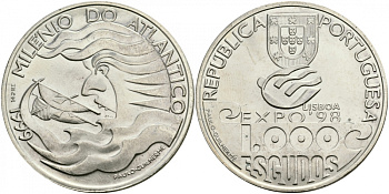 Португалия 1000 эскудо 1999 1000 лет плаванию по Атлантике, EXPO 98 KM 721 серебро UNC 3896-231