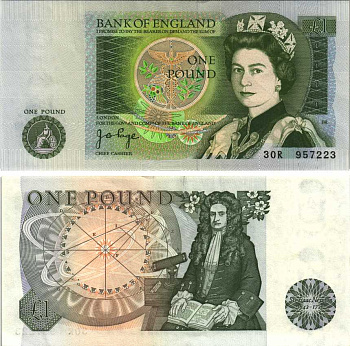 Англия 1 фунт ND (1978-1984) сэр Исаак Ньютон, зеленая подпись J.B. Page Pick 377 а  бумага   7203-1-3-2