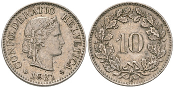 Швейцария 10 раппенов 1931 B KM 27 медно-никель 220-256