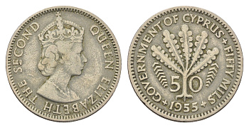 Кипр 50 милей 1955 Елизавета II (1952-2022) KM 36 медно-никель 4678-1056