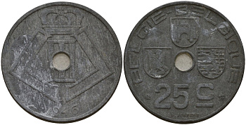 Бельгия 25 сантимов 1946 Belgie - Belgique, Леопольд III (1934-1947), германская оккупация, Вторая мировая война KM 132 цинк 4157-714
