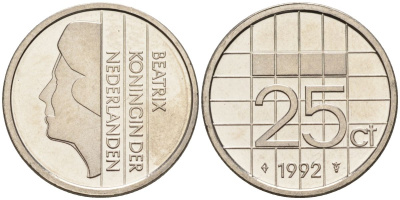 Нидерланды 25 центов 1992 Беатрикс (1980-2013) KM 204 никель UNC 4588-921