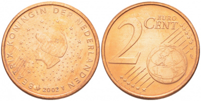 НИДЕРЛАНДЫ 2 ЕВРОЦЕНТА 2002 KM 235 сталь покрытая медью UNC 3457-1113