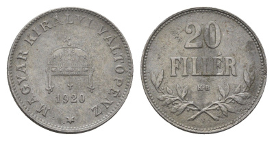 Венгрия 20 филлеров 1920 КВ, Карл I (1916-1918), редкий год KM 498 железо 4665-1046