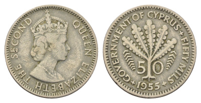 Кипр 50 милей 1955 Елизавета II (1952-2022) KM 36 медно-никель 4678-1056