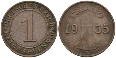 Германия 1 рейхспфенниг 1935 D KM 37, J. 313 бронза 4549-664