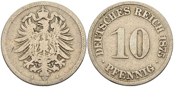 ГЕРМАНИЯ 10 ПФЕННИГОВ 1875 A, СТАРОГЕРБОВКА KM 4, J. 4 медно-никель 4401-246