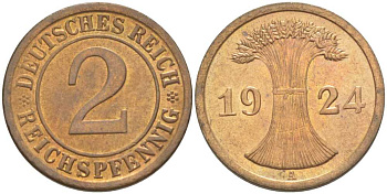 ГЕРМАНИЯ 2 РЕЙХСПФЕННИГA 1924 A KM 38, J. 314, Weege 4 бронза 206-856