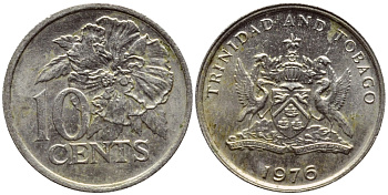Тринидад и Тобаго 10 центов 1976 цветок гибискуса KM 31 медно-никель 4396-847