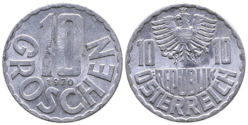 АВСТРИЯ 10 ГРОШЕЙ 1970 KM 2878 алюминий 26-1158