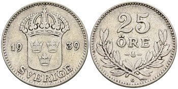 Швеция 25 эре 1939 G, Густав V (1907-1950) KM 785 серебро 4380-1259