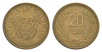 Колумбия 20 песо 1990 KM 282 алюминиевая бронза 4627-826