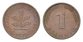 ФРГ 1 пфенниг 1977 J KM 105, J. 380 сталь плакированная медью 4669-1238