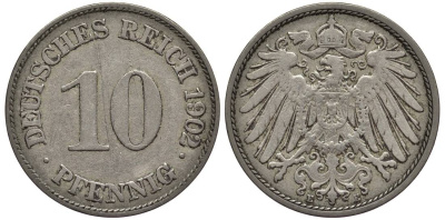 Германия 10 пфеннигов 1902 E KM 12, Jager 13, Weege 8 медно-никель 219-347