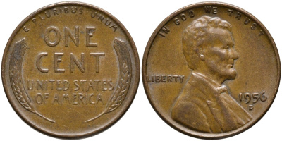 США 1 ЦЕНТ 1956 D ЛИНКОЛЬН KM A132 медь цинк 4392-642