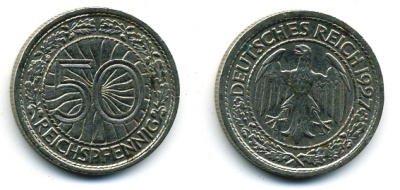 Германия 50 рейхспфеннигов 1927 A KM 49, J. 324 никель 58-164