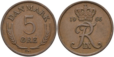 Дания 5 эре 1966 C; S, Фредерик IX (1947-1972) KM 848.1 бронза 4525-423
