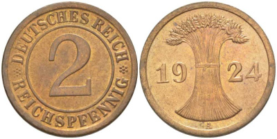 ГЕРМАНИЯ 2 РЕЙХСПФЕННИГA 1924 A KM 38, J. 314, Weege 4 бронза 206-856