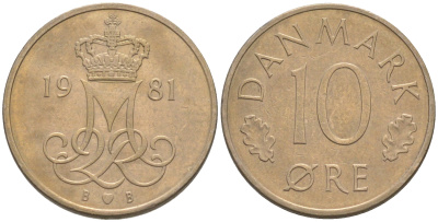 ДАНИЯ 10 ЭРЕ 1981 B; B, МАРГРЕТЕ II (1972-) KM 860.2 медно-никель UNC 187-668