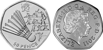 Великобритания 50 пенсов 2011 XXX летние Олимпийские игры в Лондоне в 2012 году, бадминтон, в оригинальном картонном буклете, с Олимпийской голограммой (4/29) KM 1174 медно-никель  UNC  3-6-6-09