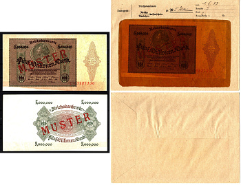 Германия 5000000 марок 1923 1 июня, MUSTER, образец, Specimen. В оригинальном банковском конверте. Из коллекции Отто Сейфферта (помощник Ялмара Шахта - министра экономики Германии и президента Рейхсбанка времен третьего рейха) Pick 90 s, Grabowski DEU 100