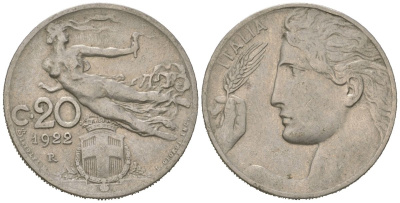 Италия 20 чентезимо 1922 R, Виктор Эммануил III (1900-1946) KM 44 никель 4615-633