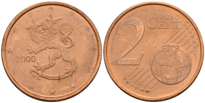 Финляндия 2 евроцента 2000  KM 99 сталь плакированная медью  UNC  4564-357