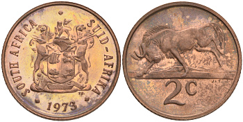 ЮАР 2 цента 1973 герб, антилопа гну KM 83 бронза UNC 4561-713