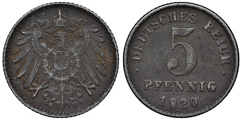 Германия 5 пфеннигов 1920 G KM 19, J. 297, Weege 5 железо 4118-1055