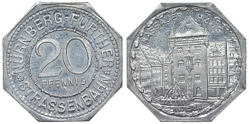 Германия, Нюрнберг - Фюрт 20 пфеннигов ND трамвайный жетон, Дом Нассау алюминий UNC 4119-541