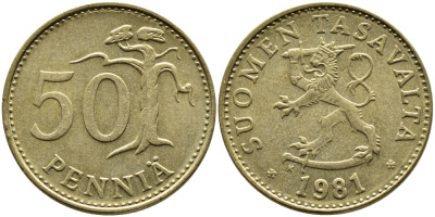ФИНЛЯНДИЯ 50 ПЕННИ 1981 К KM 48 алюминиевая бронза 4364-3032
