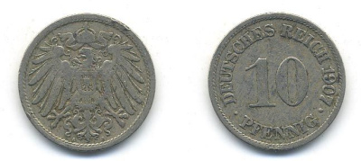 Германия 10 пфеннигов 1907 A KM 12, J. 13 медно-никель 58-312