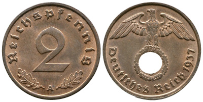 Германия 2 рейхспфеннига 1937 A KM 90, J. 362 бронза 176-434