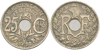 ФРАНЦИЯ 25 САНТИМОВ 1922 ТИП ЛИНДАЙЁ KM 867а, LE FRANC 171.6 медно-никель 175-325