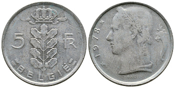 БЕЛЬГИЯ 5 ФРАНКОВ 1978 BELGIE KM 135.1 медно-никель 89-455