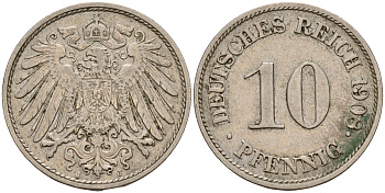 Германия 10 пфеннигов 1908 J J. 13,  KM 12 медно-никель    4603-725