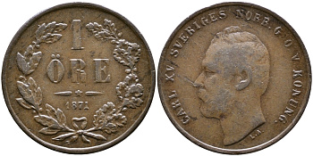 Швеция 1 эре 1871 Карл XV (1859-1872) KM 705 бронза 71-1526