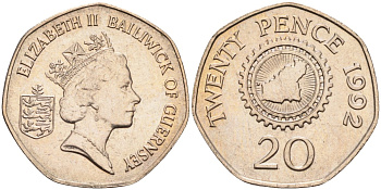 Гернси 20 пенсов 1992 карта острова в зубчатом колесе KM 44 медно-никель UNC 4582-331