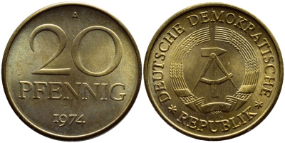 ГДР 20 пфеннигов 1974 А KM 11 латунь UNC 54-2323