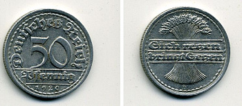 ГЕРМАНИЯ 50 ПФЕННИГОВ 1920 D KM 27, J. 301 алюминий 41-743