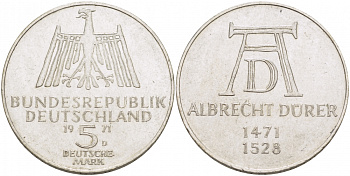 ФРГ 5 МАРОК 1971 D, 500 ЛЕТ СО ДНЯ РОЖДЕНИЯ АЛЬБРЕХТА ДЮРЕРА KM 129, J. 410 серебро UNC 3457-334