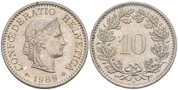 ШВЕЙЦАРИЯ 10 РАППЕНОВ 1989 В KM 27 медно-никель 55-532